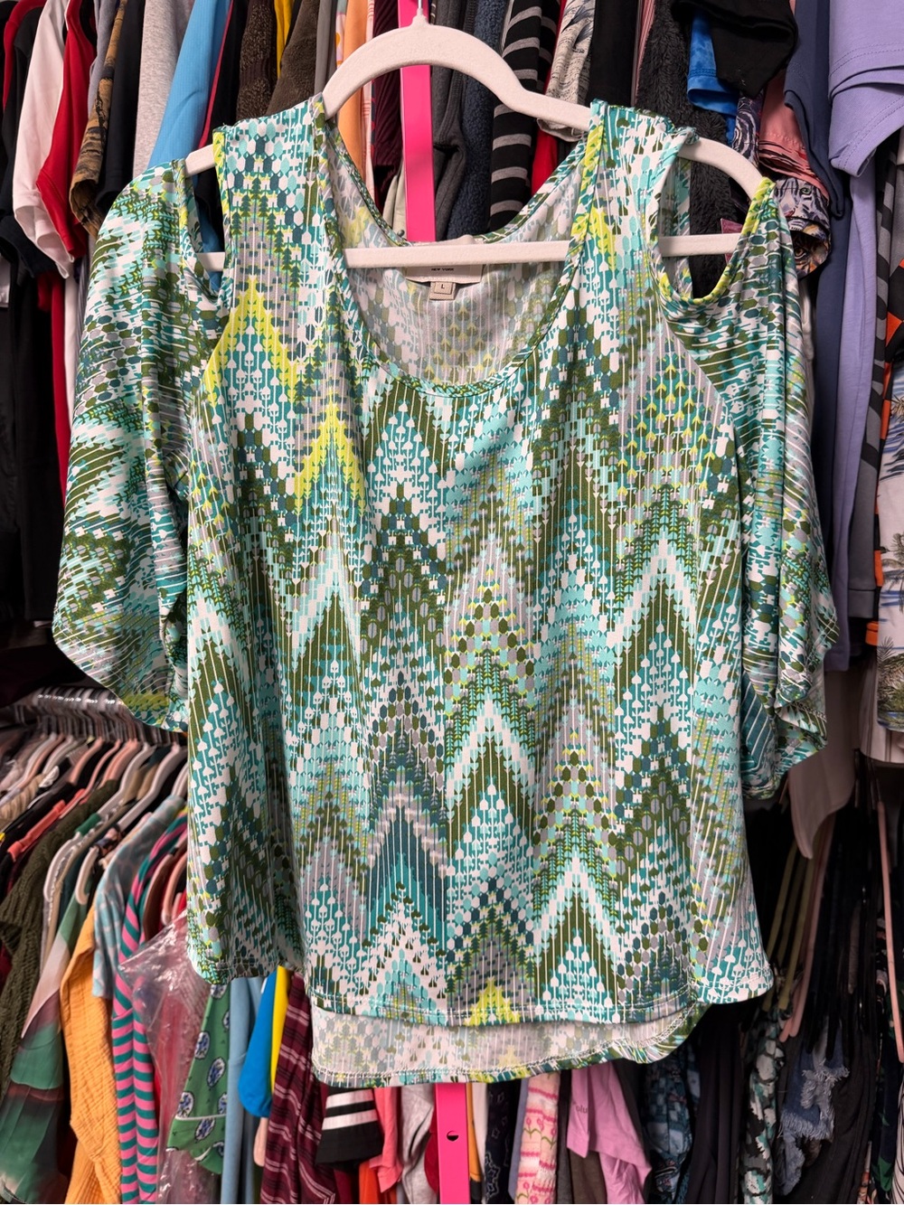 eci women’s size large cold shoulder flutter short sleeve blouse turquoise olive